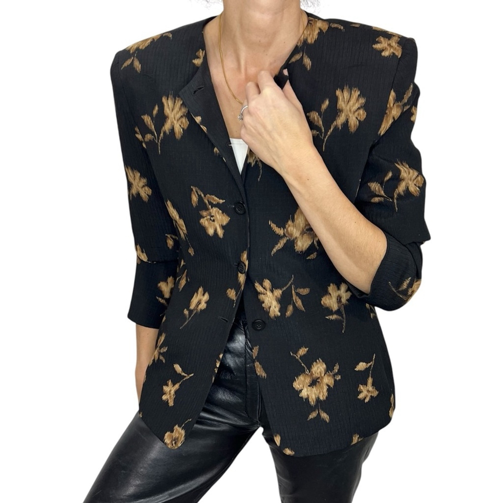 SOLD Jones New York 100% silk Floral Black and tan Women's Jacket blazer 10P - Picture 2 of 13
